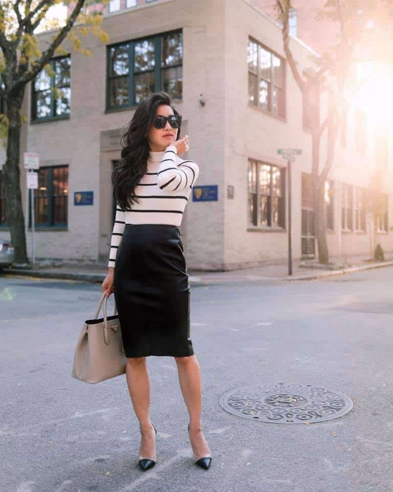Fall fashion - Long sleeve striped top with black pencil skirt.
