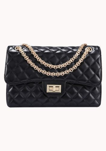 Black chanel flag bag dupe with gold chain.
