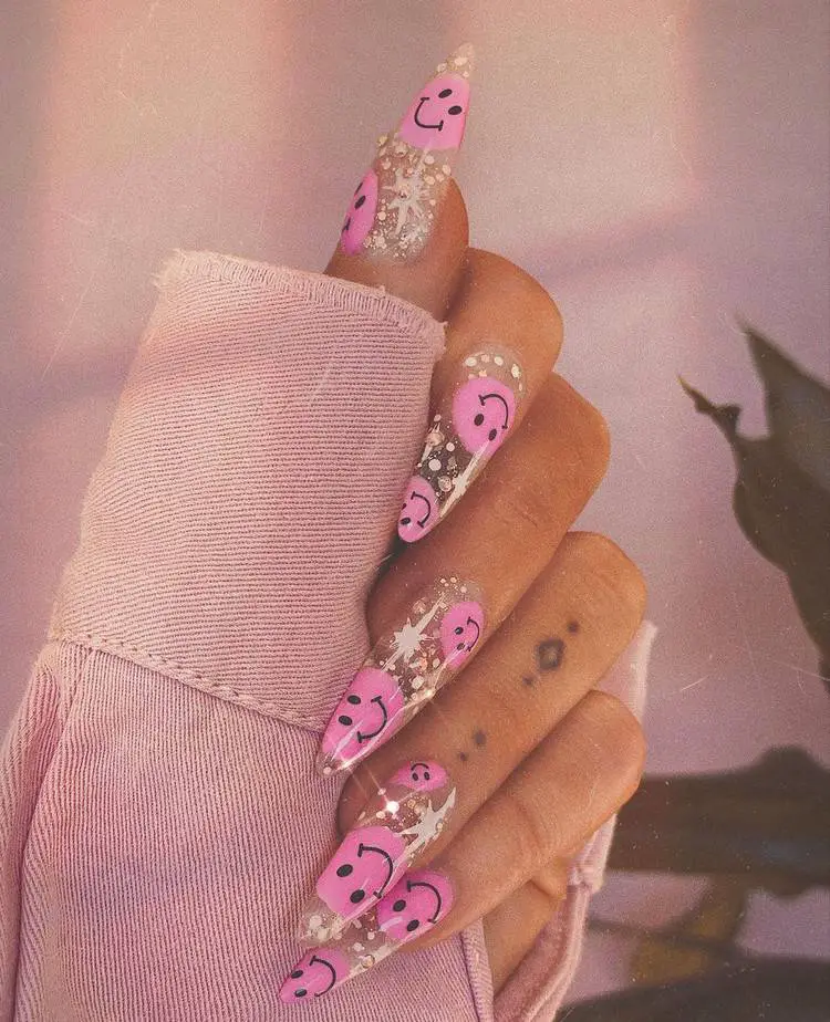 smiley face nails pink