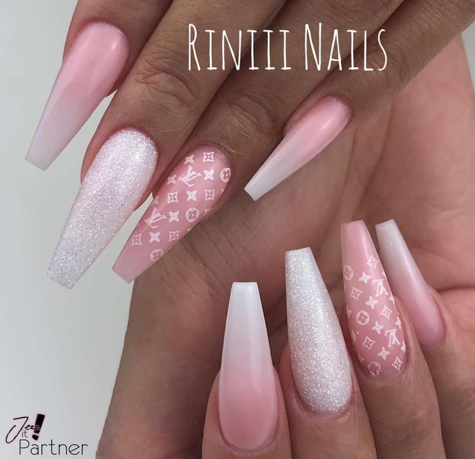 Pink and white louis vuitton nails