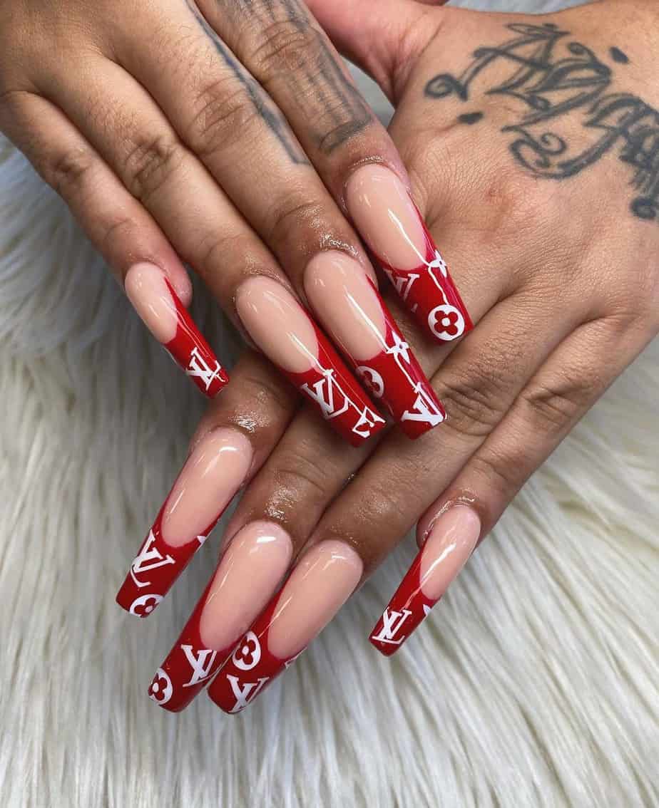 red and white lv nails