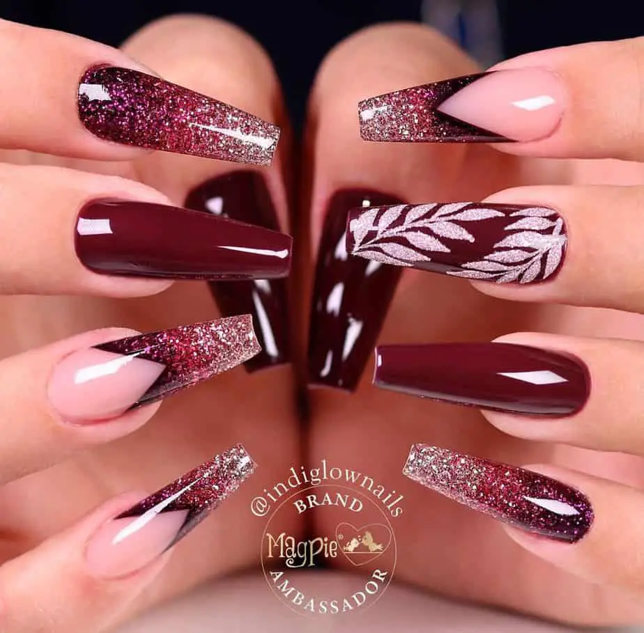 burgundy nails acrylic design