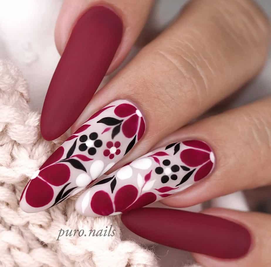 burgundy nails acrylic design
