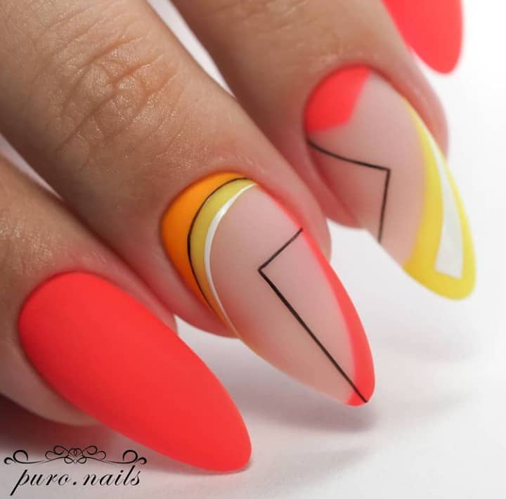 neon orange nails with design